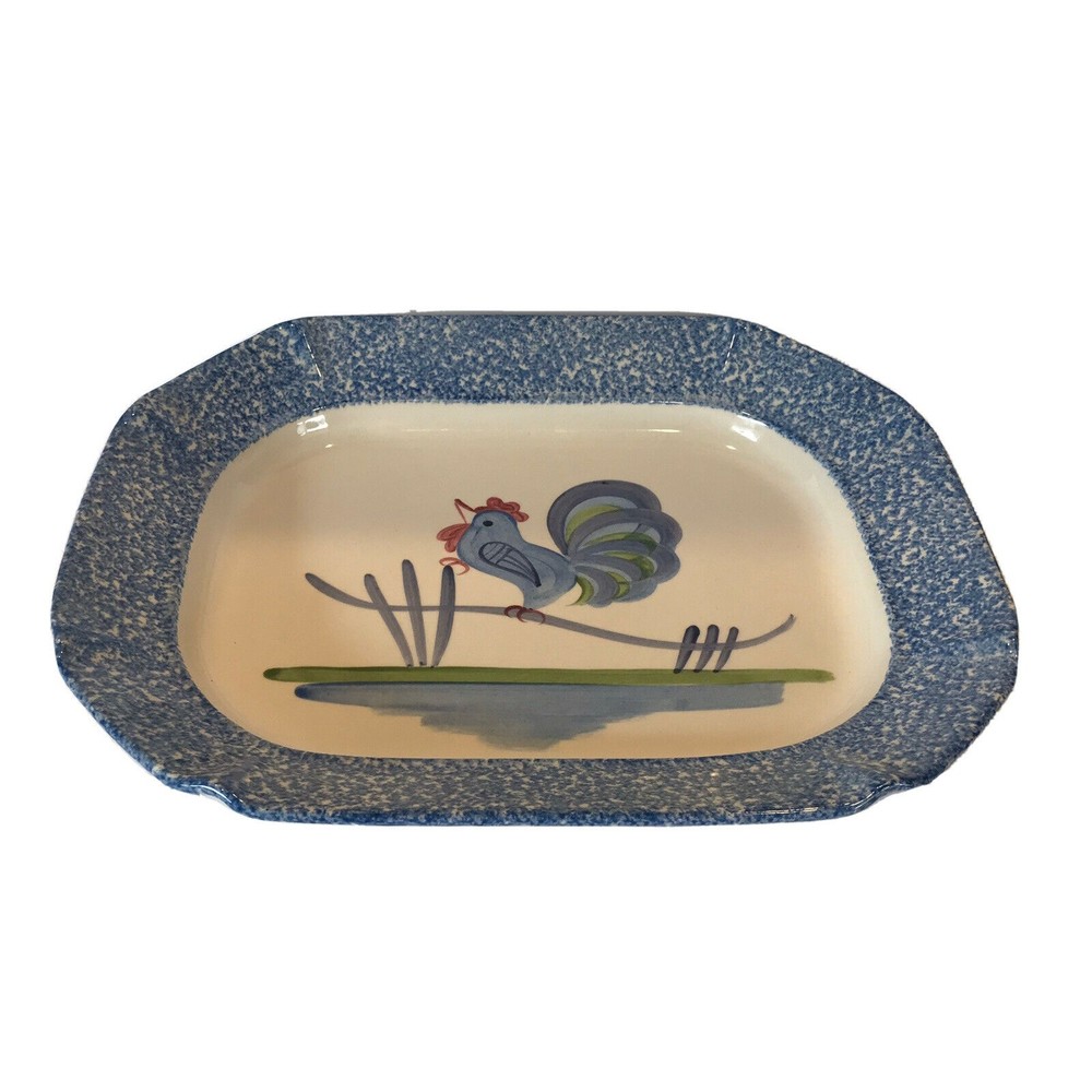 Designcraft Blue & White Spongeware Rooster Platter 16 x 13  Made in USA